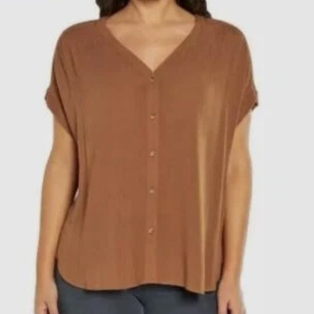 Orvis Brown Cap Sleeve Guaze Button Down Shirt